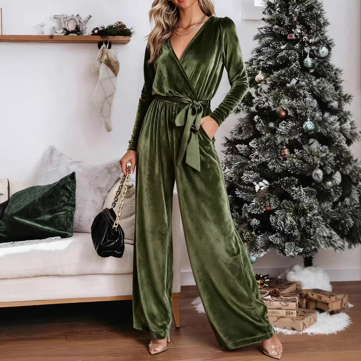 Damen Samt‑Jumpsuit mit Wickel‑V‑Ausschnitt, weitem Bein und Taillengürtel Drune