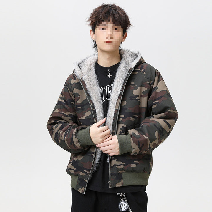 Herren Wattierte Kapuzen‑Bomberjacke im Oversize‑Look mit kontrastierendem Kunstfellfutter Drune
