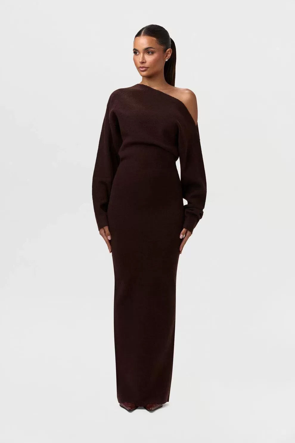Damen One-Shoulder Maxi Strickkleid mit Übergroßen Ärmeln Drune