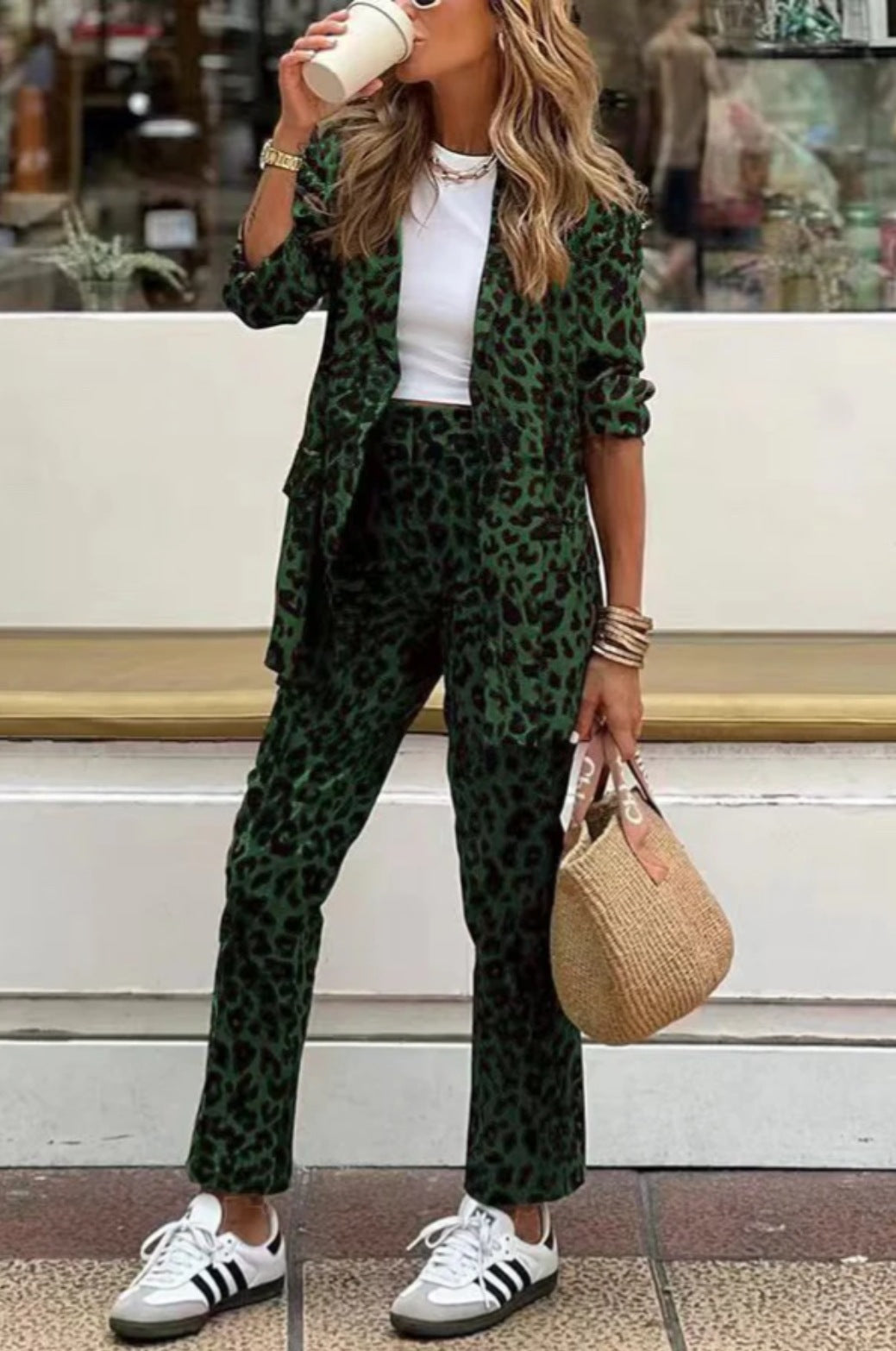 Damen elegantes Leinenanzug-Set im Leopardenmuster mit tailliertem Blazer und geraden Hose Drune