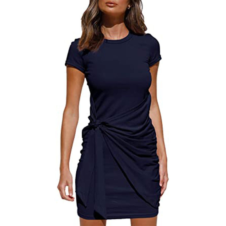Damen Kurzarm Wickelkleid mit Raffung und Knoten Detail Drune