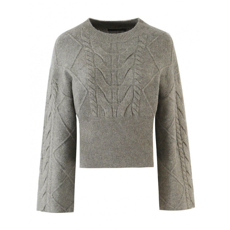 Damen Kurz geschnittener Zopfstrick-Pullover mit weitem Ärmel und geripptem Saum Drune