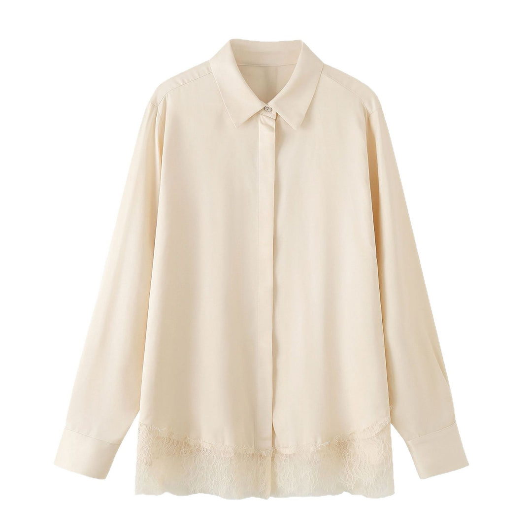 Damen Oversize-Bluse mit verdeckter Knopfleiste und Spitzenabschluss Drune