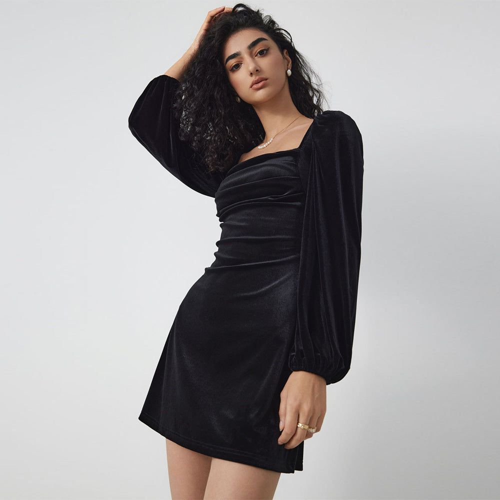 Damen Samt-Minikleid mit quadratischem Ausschnitt gerafftem Bustier und Ballonärmeln Drune