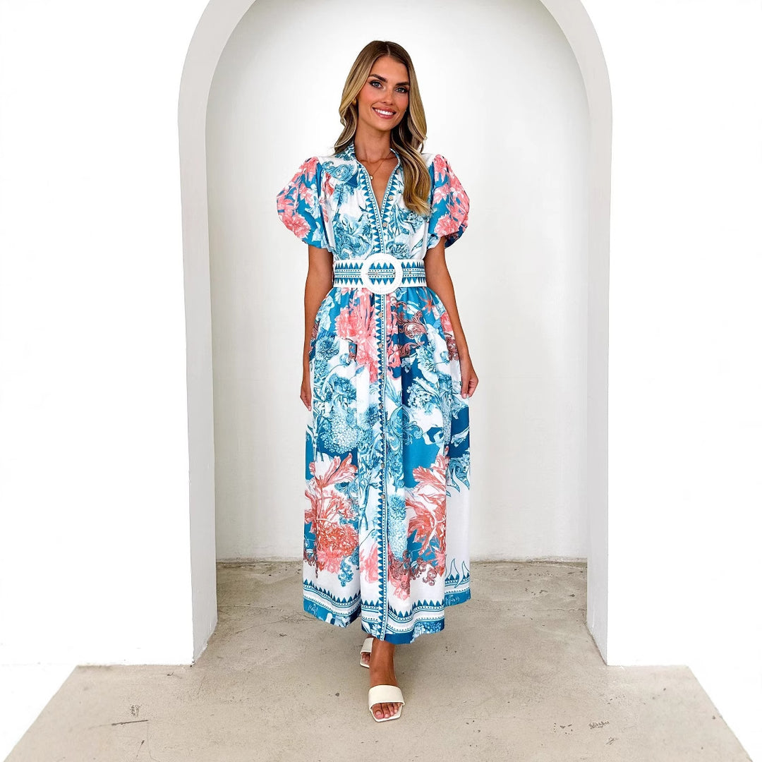 Damen Maxikleid mit voluminösen Puffärmeln und zartem Blumenmuster Drune