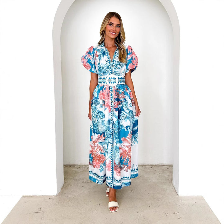 Damen Maxikleid mit voluminösen Puffärmeln und zartem Blumenmuster Drune