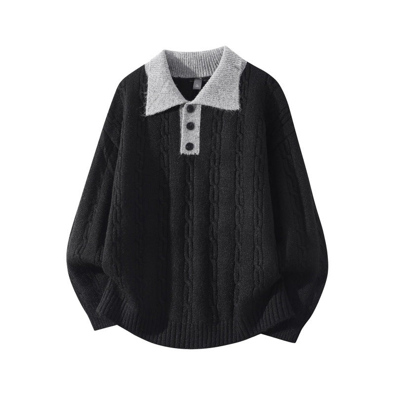 Herren Oversize Zopfmuster-Polo-Strickpullover mit Kontrastkragen und Dreiknopfleiste Drune