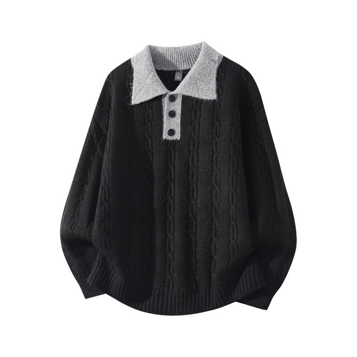 Herren Oversize Zopfmuster-Polo-Strickpullover mit Kontrastkragen und Dreiknopfleiste Drune