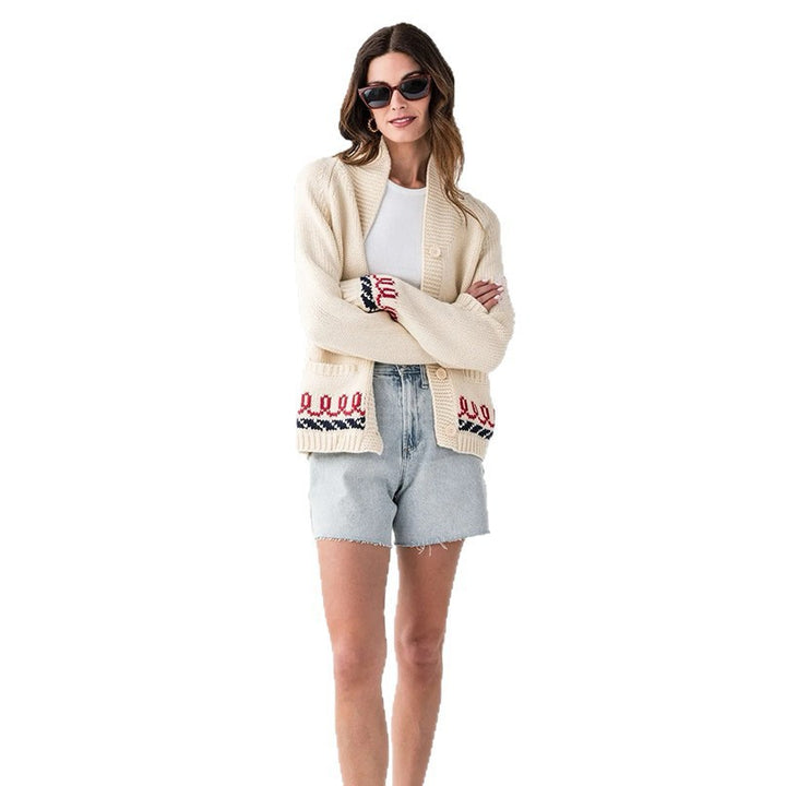 Damen Oversize Strickcardigan mit Walmotiv und nautischer Kontrastbordüre Drune