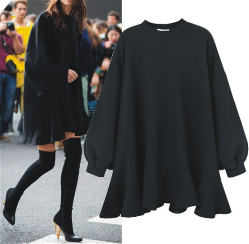 Damen nan oversized Sweatshirtkleid mit Volantsaum und Ballonärmeln Drune