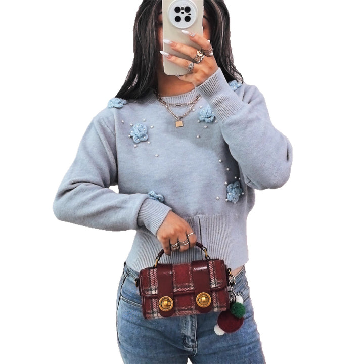 Damen modischer Strickpullover mit floralen Applikationen und dekorativen Perlen Drune
