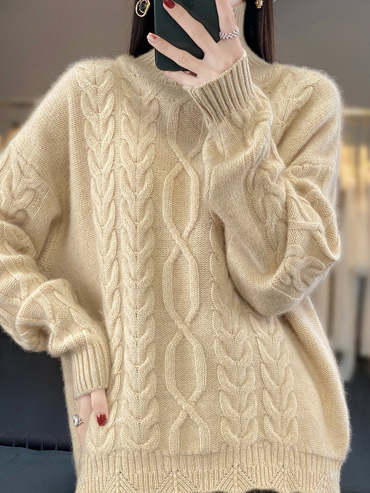 Damen Oversize-Zopfmuster-Pullover mit Mohair-Optik und gerippten Bündchen Drune