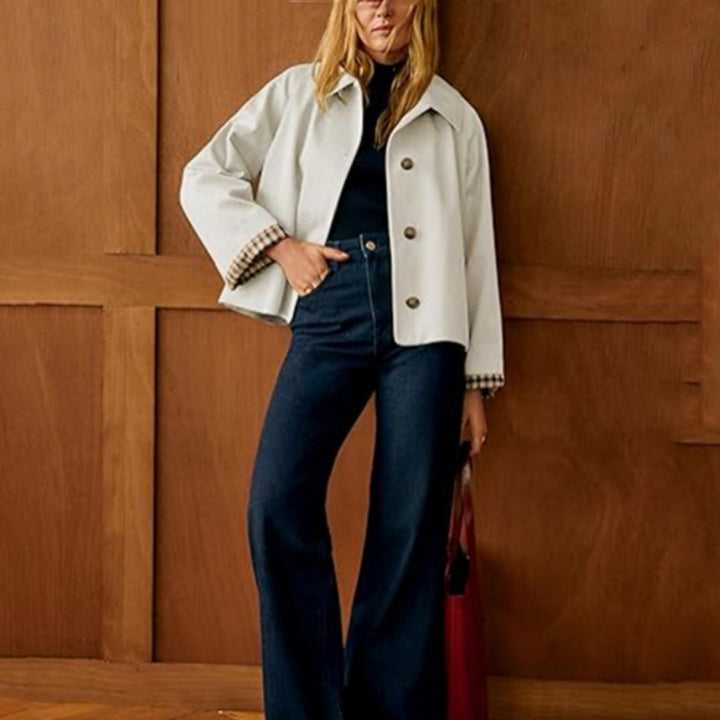Damen Boxy-Shortcoat mit übergroßem Revers und Karomanschetten Drune