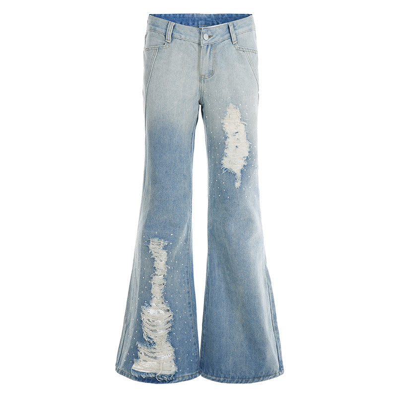 Damen Weite Schlagjeans mit hoher Taille, ausgefransten Rissen und Perlenapplikation Drune