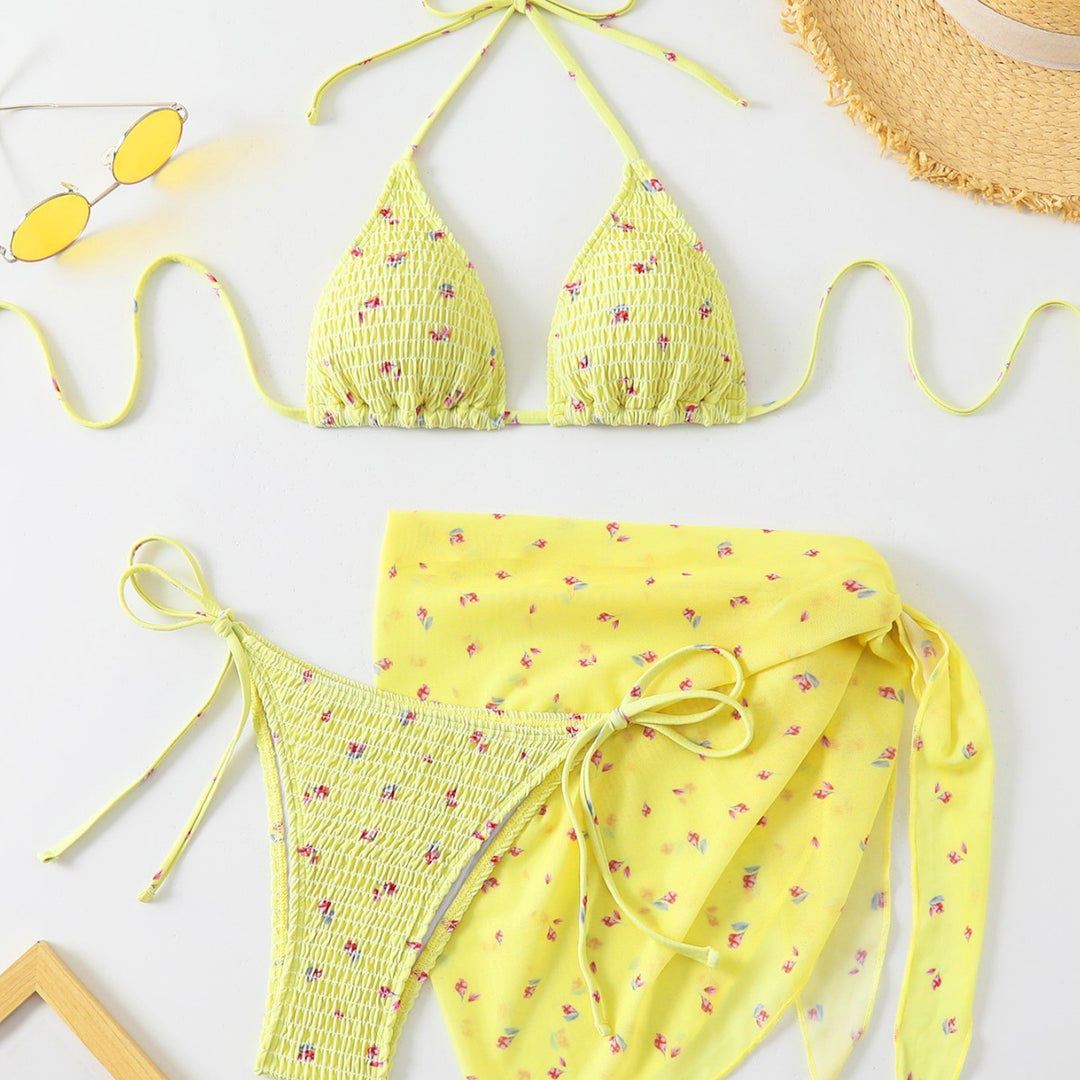 Damen Triangel-Bikini-Set mit floralem Detail und verspieltem Wickelrock Drune