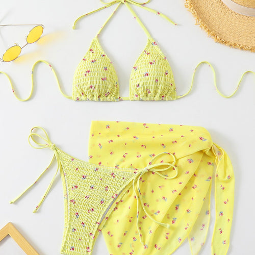 Damen Triangel-Bikini-Set mit floralem Detail und verspieltem Wickelrock Drune