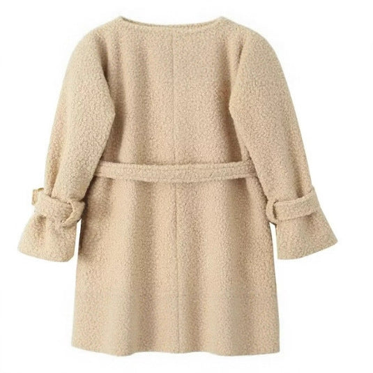 Damen Zweireihiger Teddy‑Mantel mit Bindegürtel und Schnallenärmeln Drune