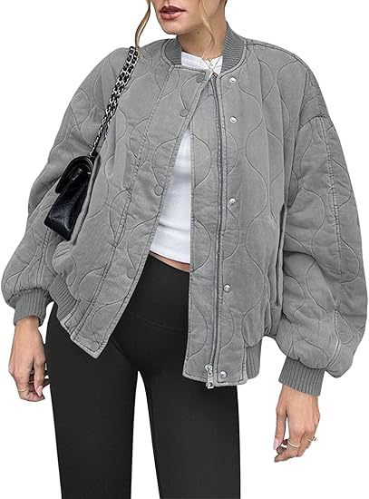 Damen Gepolsterte Oversize-Stepp-Bomberjacke mit Rippbündchen und dekorativer Ziersteppung Drune