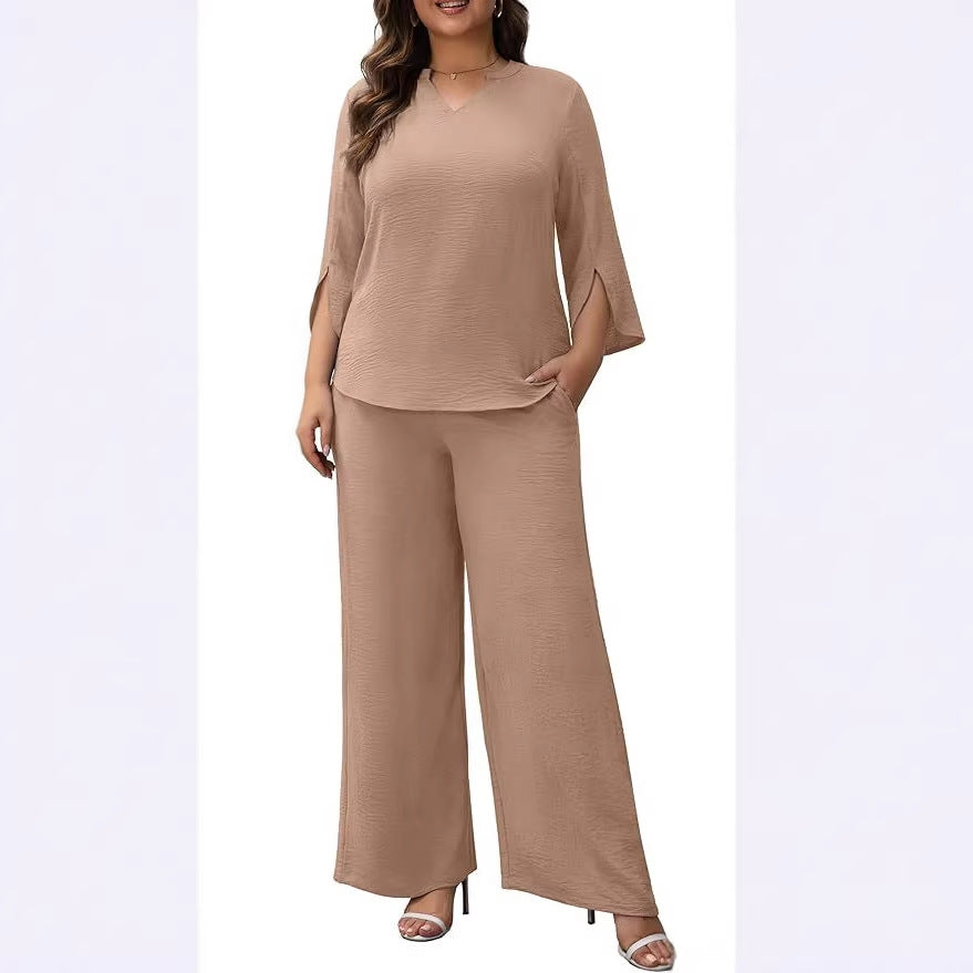 Damen Elegantes Zweiteiliges Palazzo-Set mit V‑Ausschnitt und geschlitzten 3/4‑Ärmeln Drune