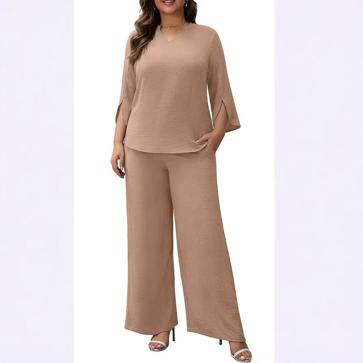 Damen Elegantes Zweiteiliges Palazzo-Set mit V‑Ausschnitt und geschlitzten 3/4‑Ärmeln Drune