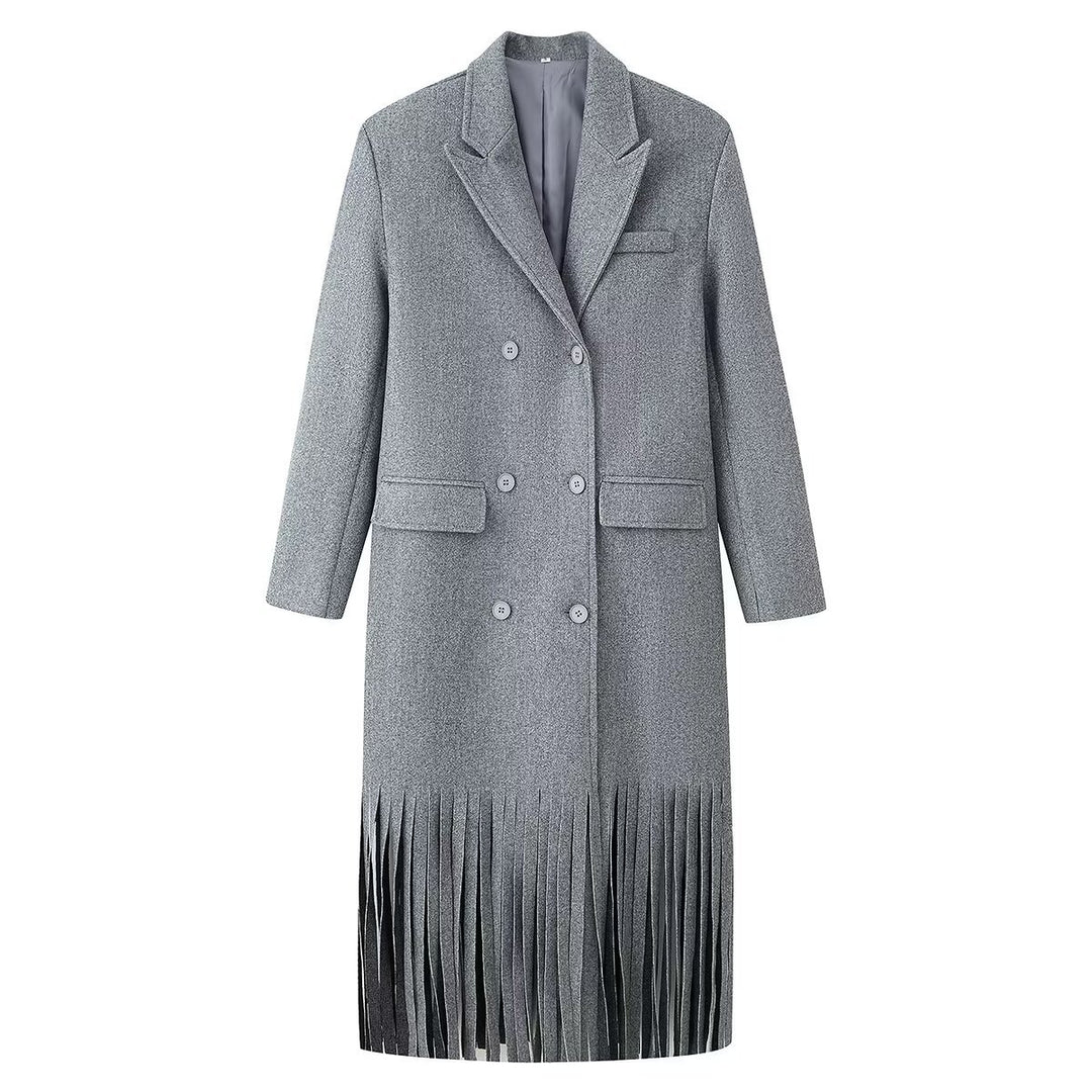 Damen Doppelreihiger Wollmix-Mantel mit Fransensaum und fallendem Revers Drune