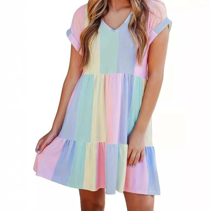 Damen Freizeitkleid mit farbenfrohem Streifenmuster und fließendem Design Drune