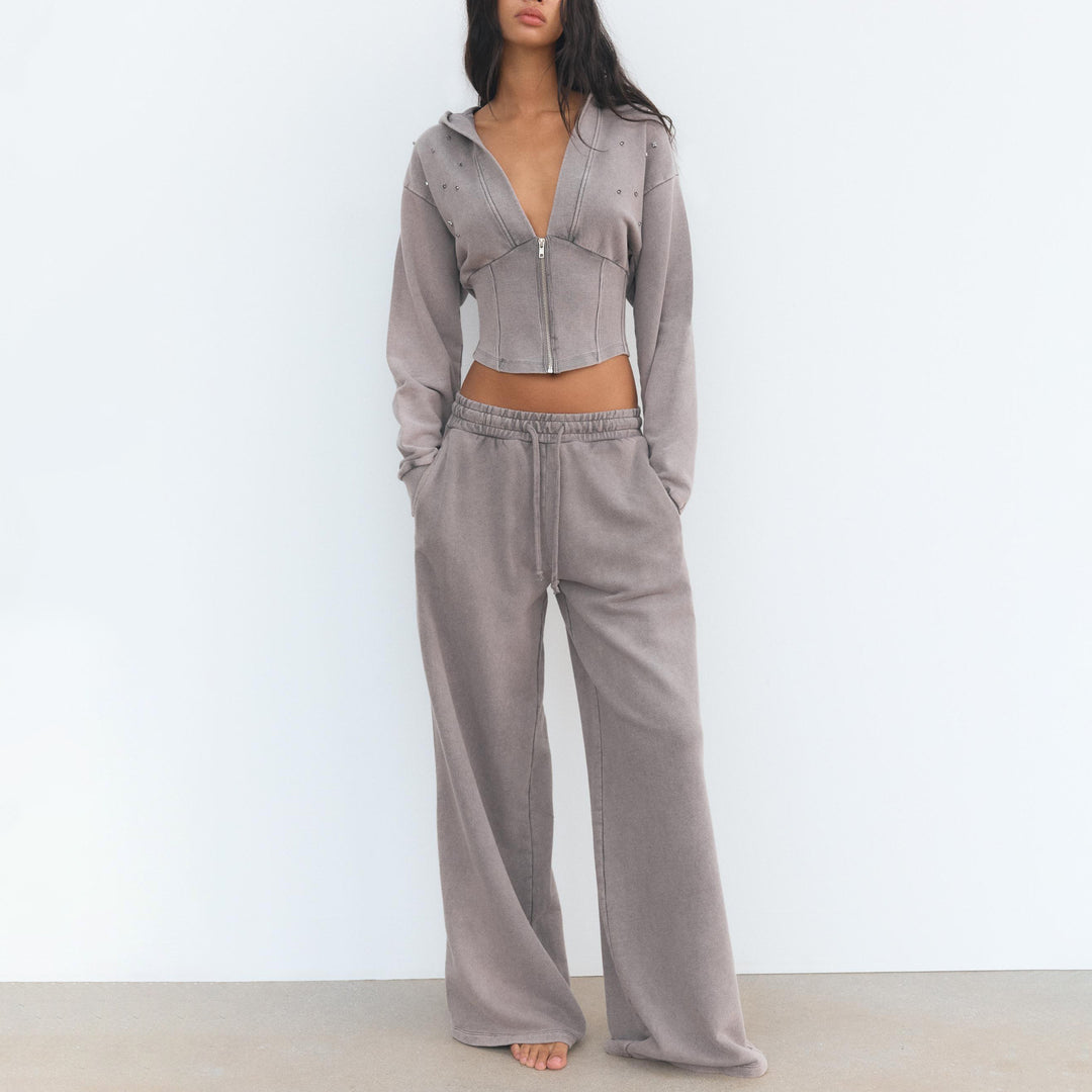 Damen modischer Zweiteiler mit cropped Hoodie und weiten Hosen Drune