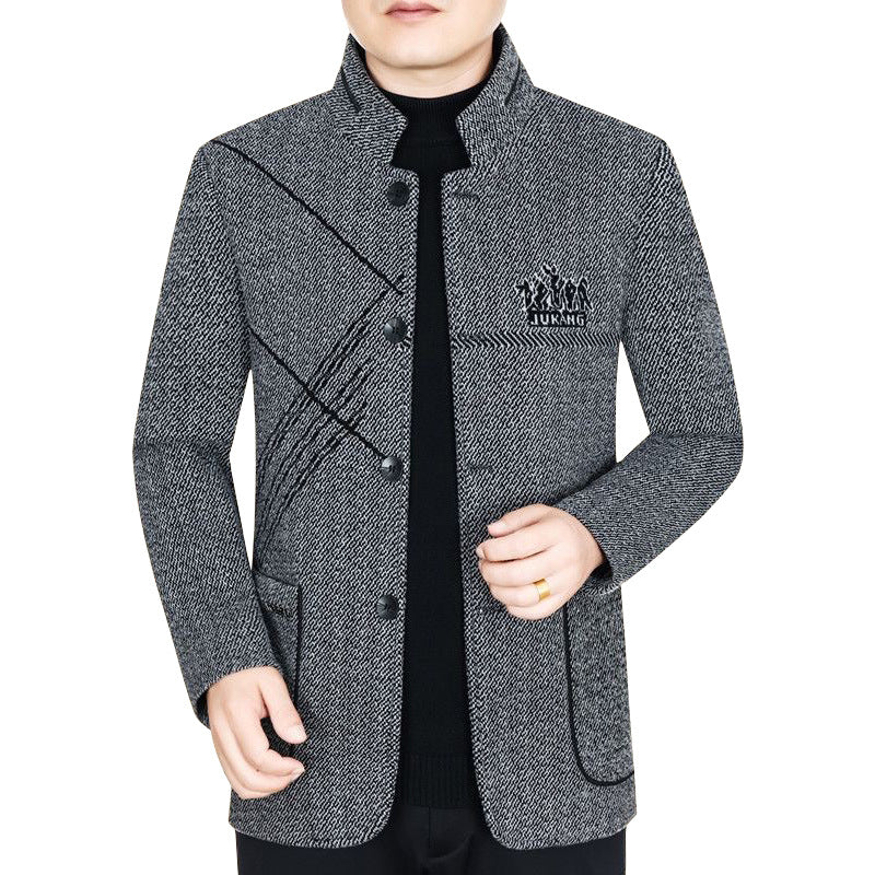Herren Stehkragen-Mantel aus strukturierter Wollmischung mit schmaler Silhouette Drune