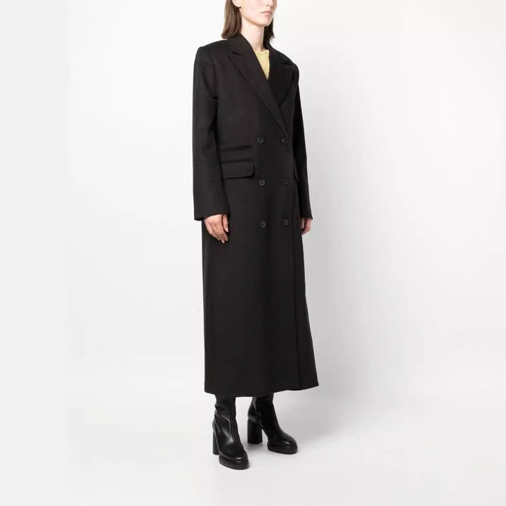 Damen Maxilanger Doppelreihiger Wollmix-Longcoat mit strukturierten Schultern und Pattentaschen Drune