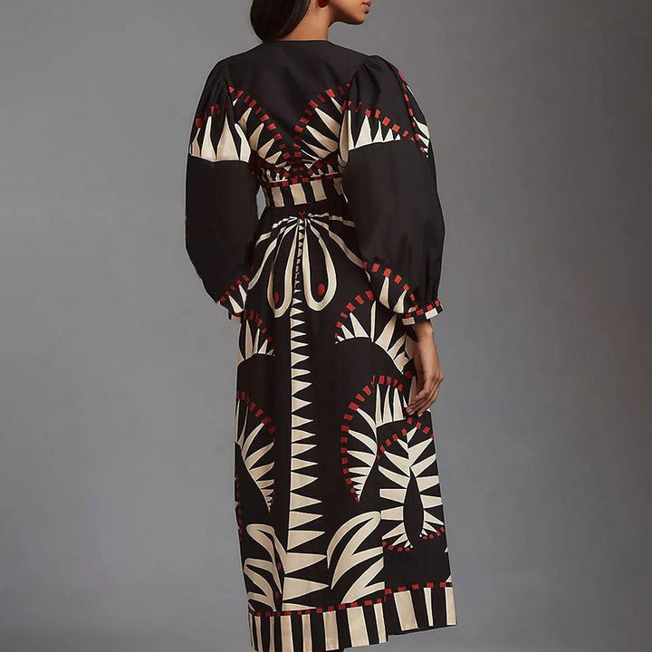 Damen Maxikleid mit ausgefallenem geometrischem Muster und eleganter Knopfleiste Drune