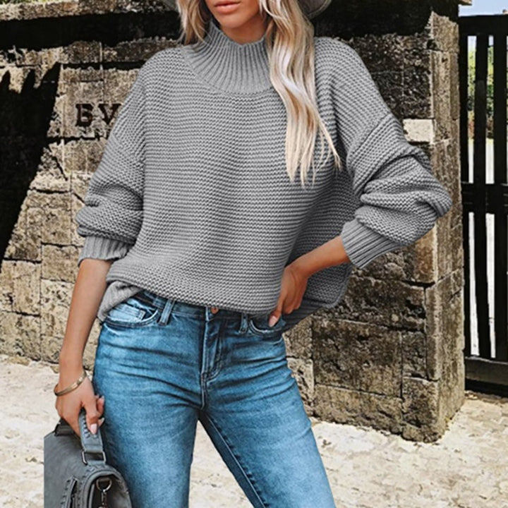 Damen Grobstrick Pullover mit hohem Kragen und überschnittenen Schultern Drune