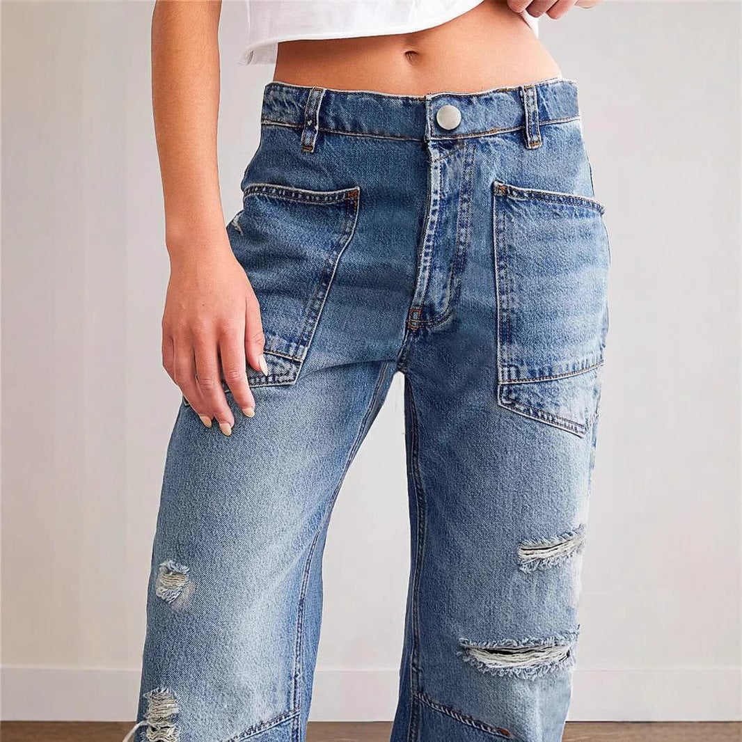 Damen nan oversized Straight-Leg-Jeans mit aufgesetzten Cargo-Taschen und Used-Effekten Drune