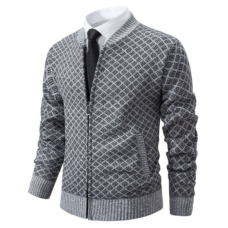 Herren Strick-Zipjacke mit feinem Jacquard‑Muster, durchgehendem Reißverschluss und geripptem Saum Drune