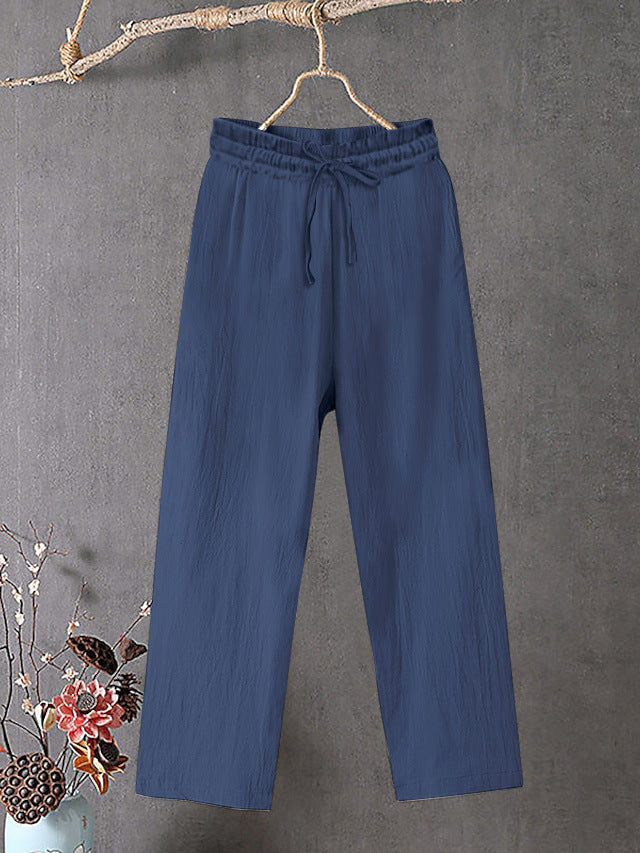 Damen Crinkle Leinenmischung Hose mit elastischem Kordelzug, gerade Beinform und lässiger Passform Drune