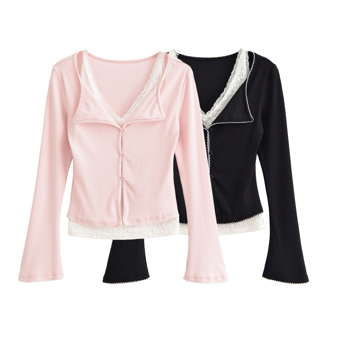 Damen Taillierter Buttoncardigan mit Spitzenbesatz und ausgestellten Ärmeln Drune