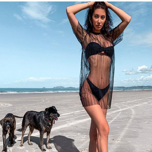 Damen Transparente Strandtunika mit vertikalen Streifen und weit geschnittenem Design Drune