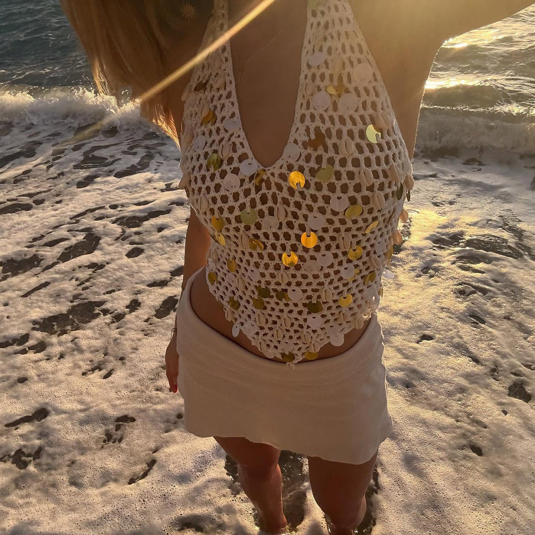 Damen luftiges Strandtop mit glitzernden Details Drune