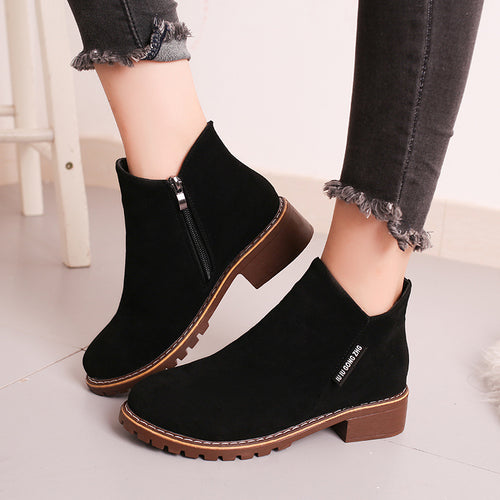 Damen nan knöchelhohe Velourslederimitat-Stiefelette mit robuster Traktorsohle und Komfortabsatz Drune