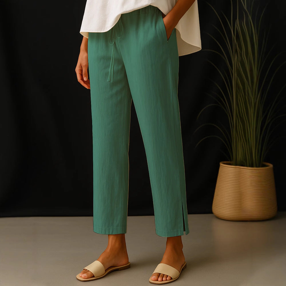 Damen Casual-Chino Leinenoptik Culotte mit elastischem Tunnelzugbund und Eingrifftaschen Drune