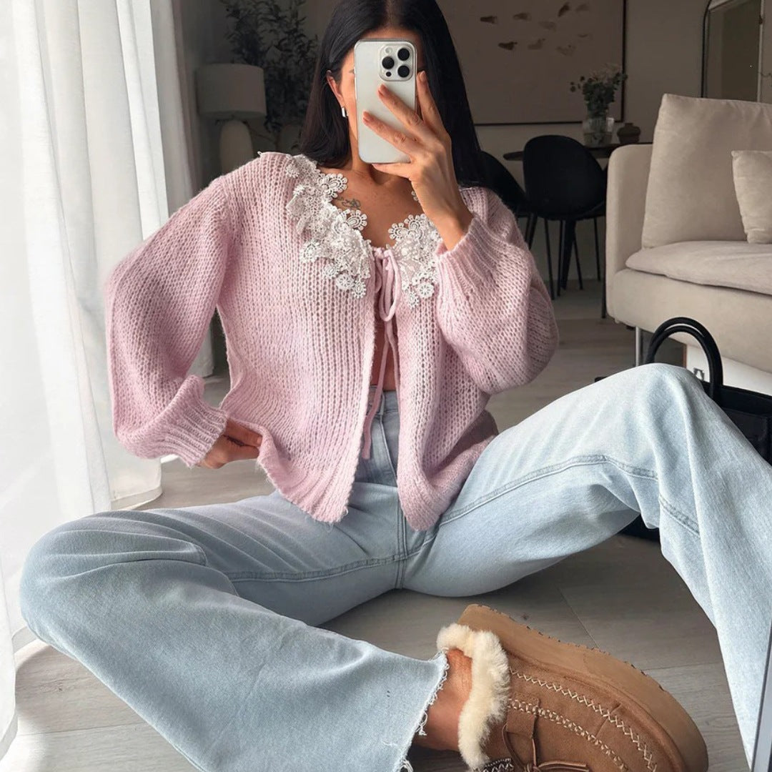 Damen Kuscheliger Mohair-Cardigan mit Zierblumen-Applikationen Drune