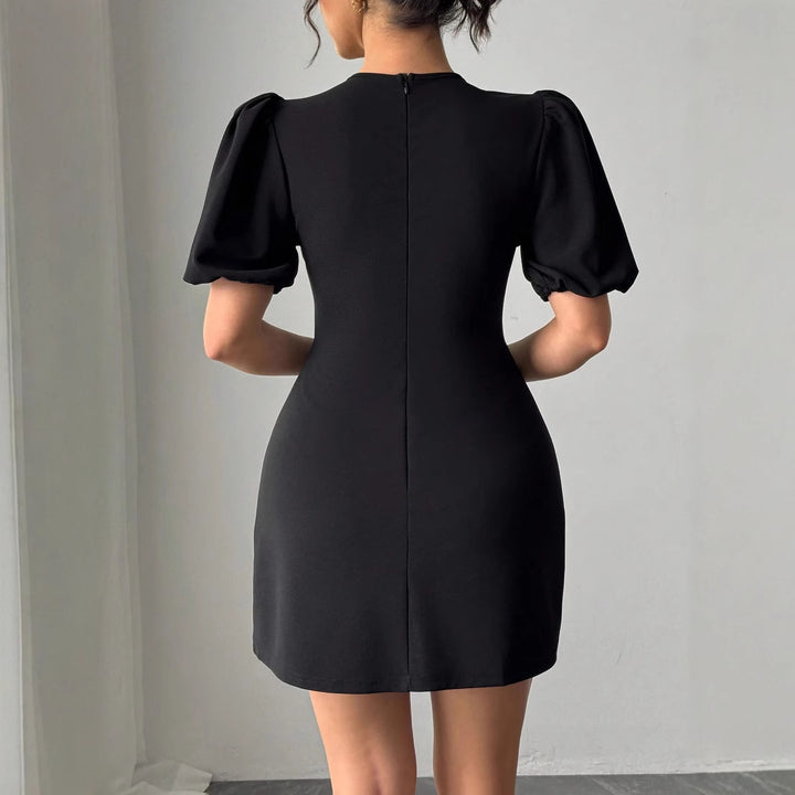 Damen nan kurzes Cocktailkleid mit voluminösen Puffärmeln, Brust-Schlitz und Strass-Clipverschluss Drune