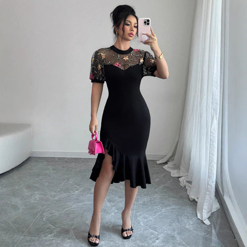 Damen nan figurbetontes Midikleid mit besticktem Mesh-Oberteil, Puffärmeln und asymmetrischem Volantsaum Drune