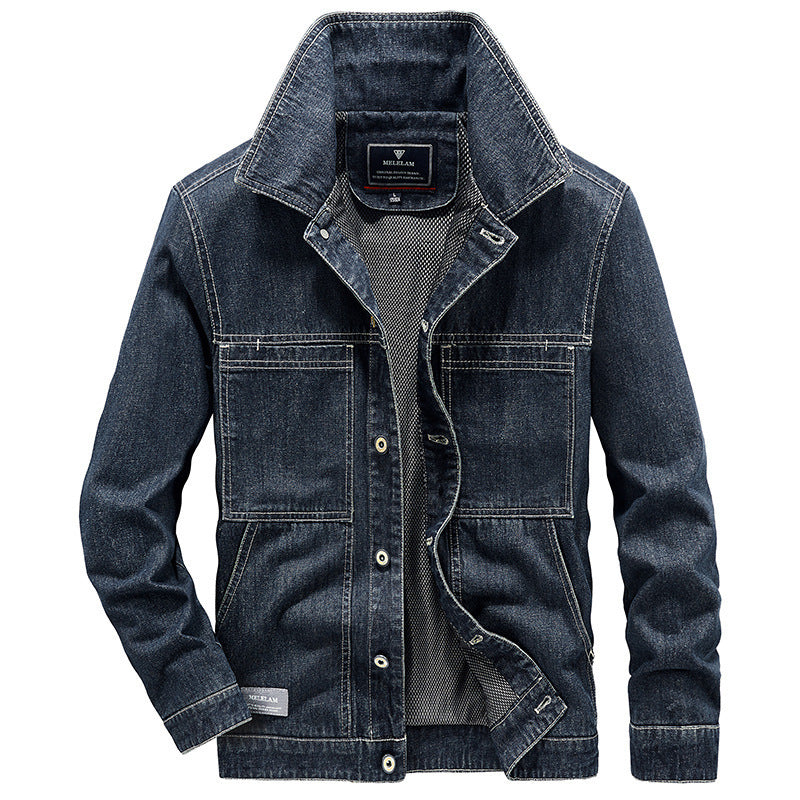 Herren Jeansjacke im Worker‑Stil mit Netzfutter und markanten Kontrastnähten Drune