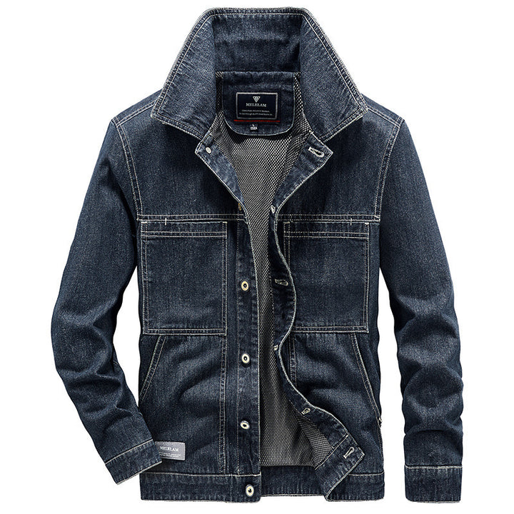Herren Jeansjacke im Worker‑Stil mit Netzfutter und markanten Kontrastnähten Drune