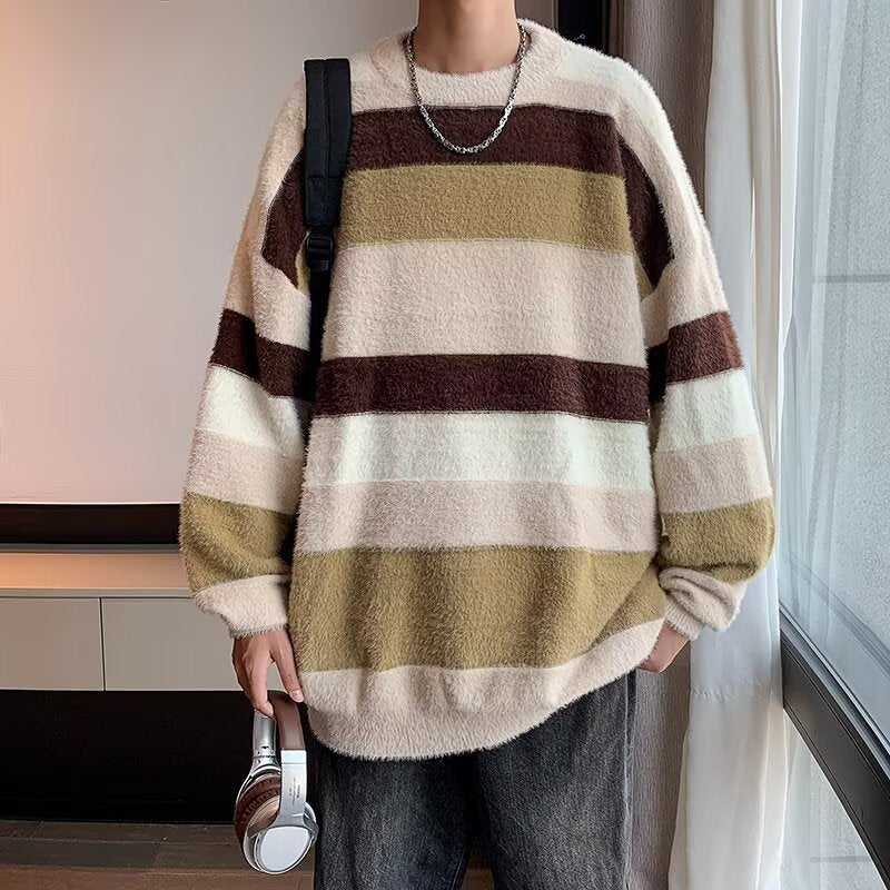 Unisex Weicher Grobstrickpullover mit Streifen Drune