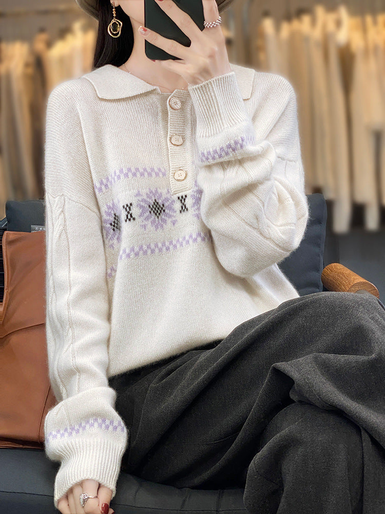 Damen Oversize-Polokragen-Strickpullover mit Norweger‑Motiv und Raglanärmeln Drune