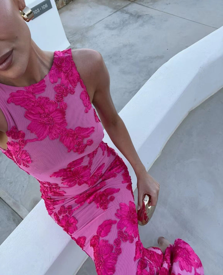 Damen glamouröses Abendkleid mit floralem Stickmuster Drune