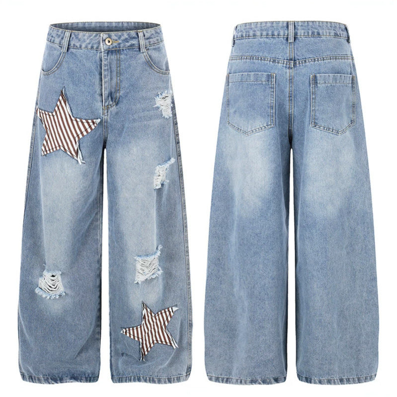 Damen weite hochgeschnittene Jeans mit Stern-Applikationen und Destroy-Effekt Drune
