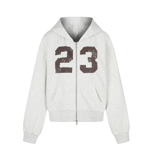 Damen Zip‑Hoodie im Boxy‑Schnitt mit Kängurutasche und Nummernprint Drune