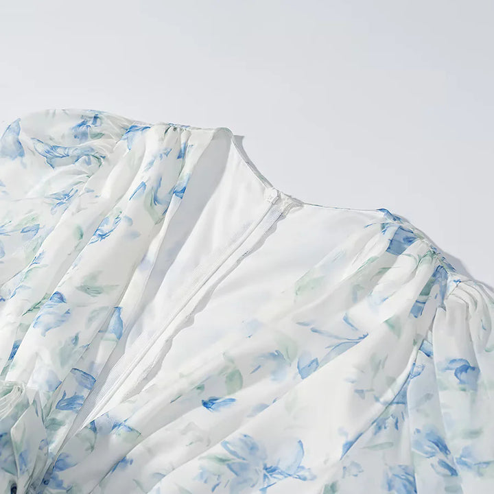 Damen nan gerafftes Chiffon Minikleid mit tiefem V-Ausschnitt Rüschen und Rosenapplikation Drune
